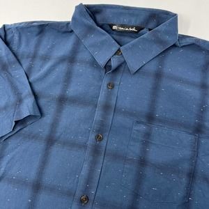 Travis Mathew Mens XL Button Up Shirt Short Sleeve Blue Black Plaid Cotton Blend